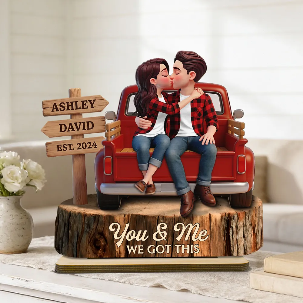 Everlasting Love Couple Sitting Kissing Pickup Truck Sign Posts - Personalized 2-Layered Wooden Plaque - Valentine's Day Gift For Couple, Farmhouse Decor