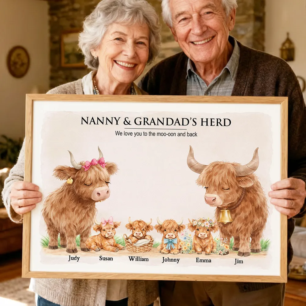 Nanny & Grandad's Herd Highland Cow Family - Personalised Poster - Mother's Day Gift for Grandma, Grandpa