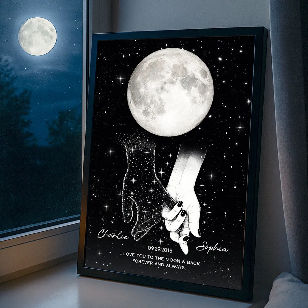 Lost Loved One Holding Hands Moon Phase Galaxy Art Memorial Sympathy Gift Personalized Poster