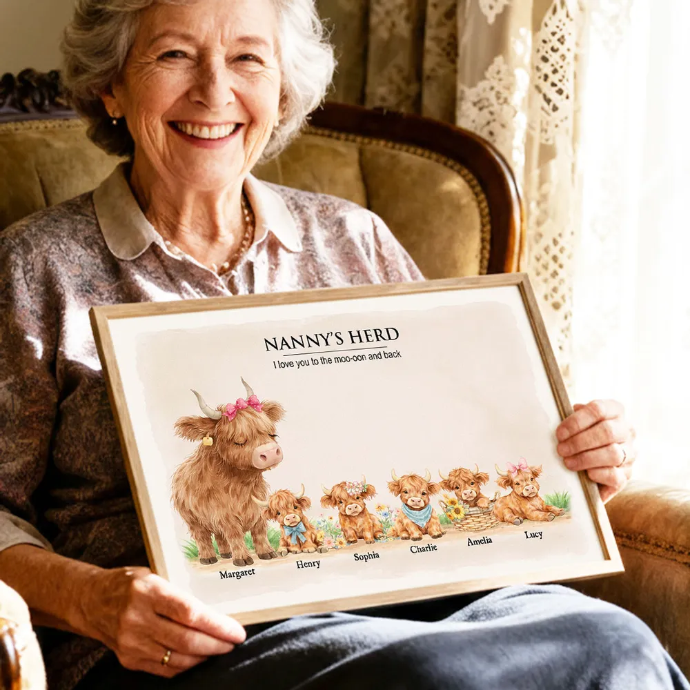 Nanny & Grandad's Herd Highland Cow Family - Personalised Poster - Mother's Day Gift for Grandma, Grandpa