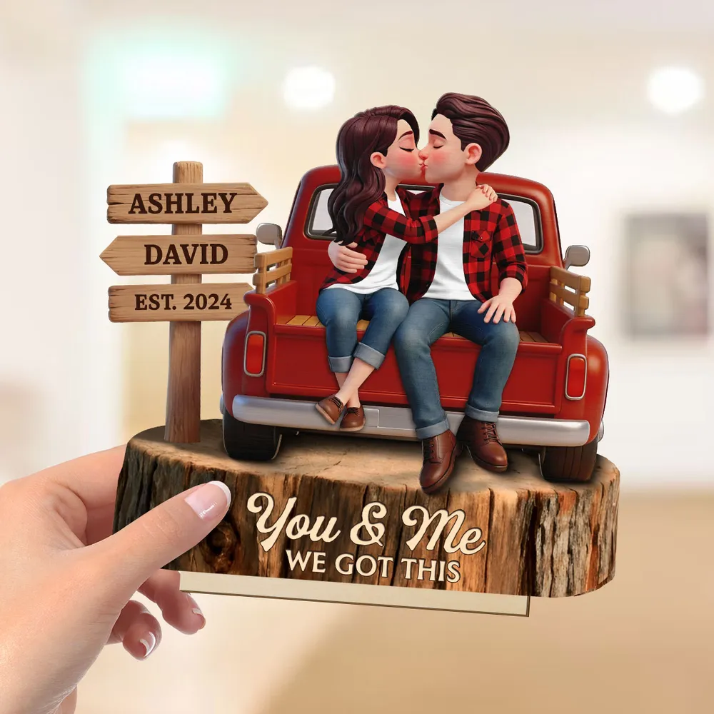 Everlasting Love Couple Sitting Kissing Pickup Truck Sign Posts - Personalized 2-Layered Wooden Plaque - Valentine's Day Gift For Couple, Farmhouse Decor