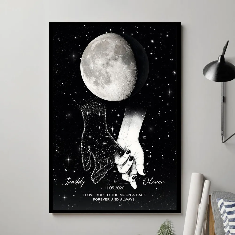 Lost Loved One Holding Hands Moon Phase Galaxy Art Memorial Sympathy Gift Personalized Poster