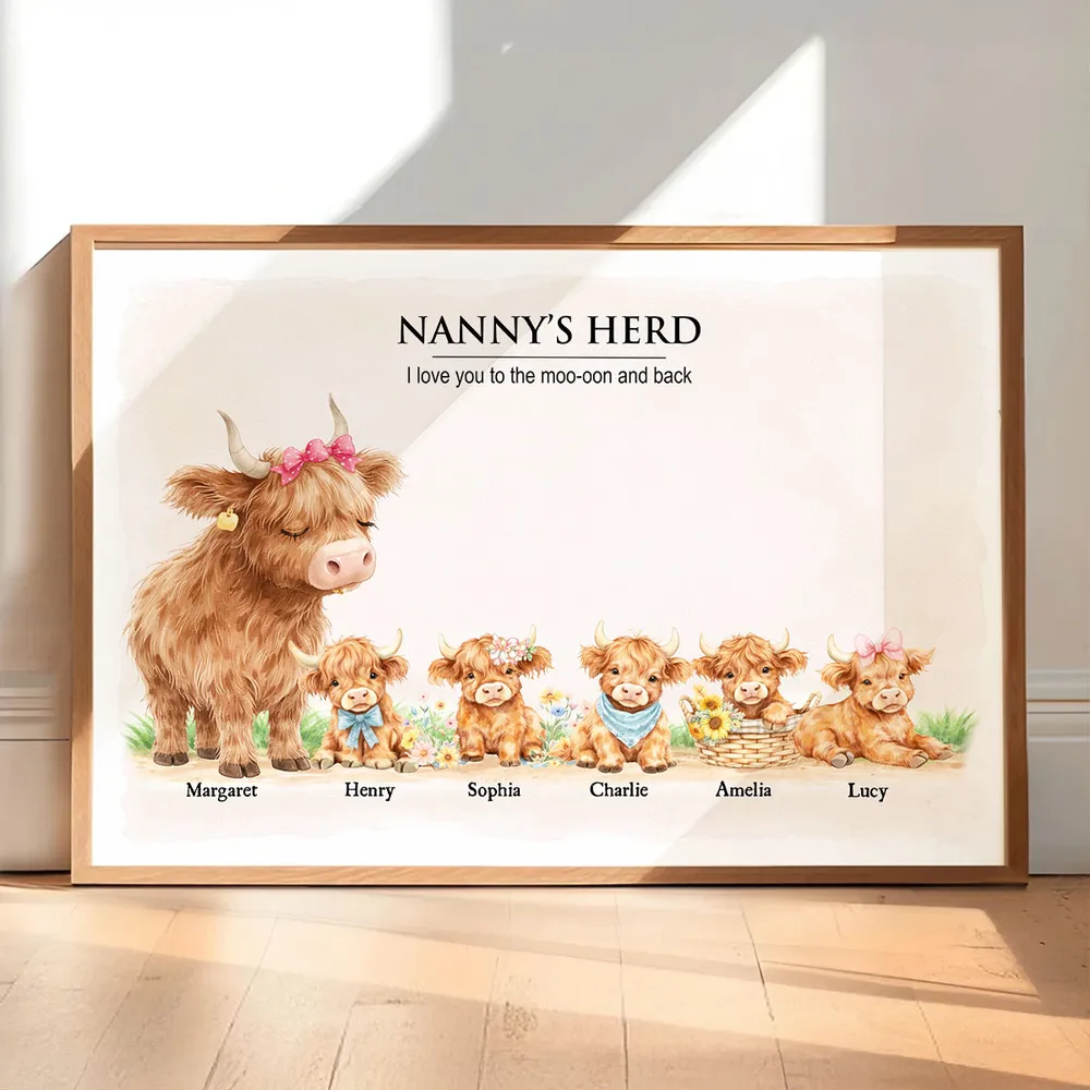 Nanny & Grandad's Herd Highland Cow Family - Personalised Poster - Mother's Day Gift for Grandma, Grandpa