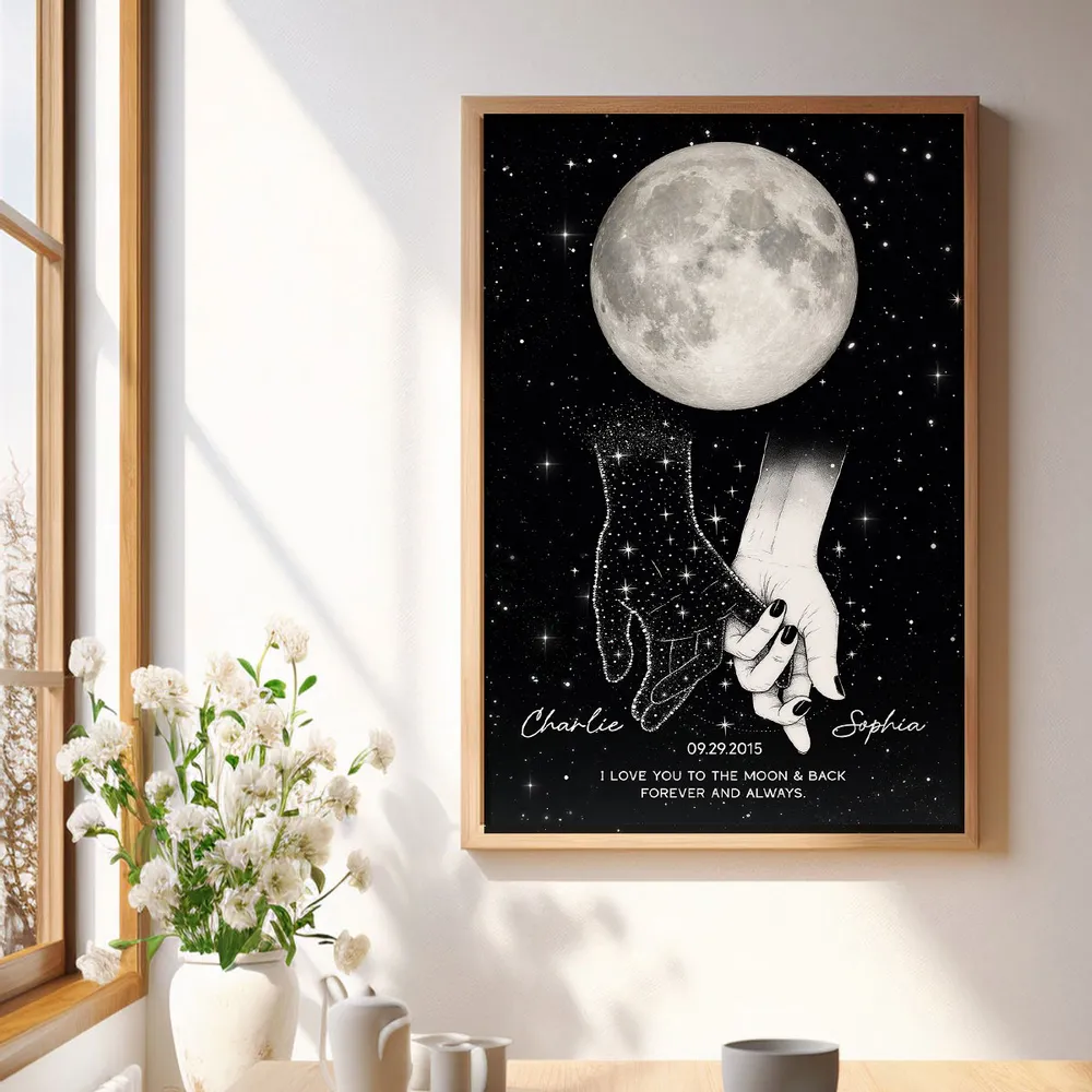 Lost Loved One Holding Hands Moon Phase Galaxy Art Memorial Sympathy Gift Personalized Poster
