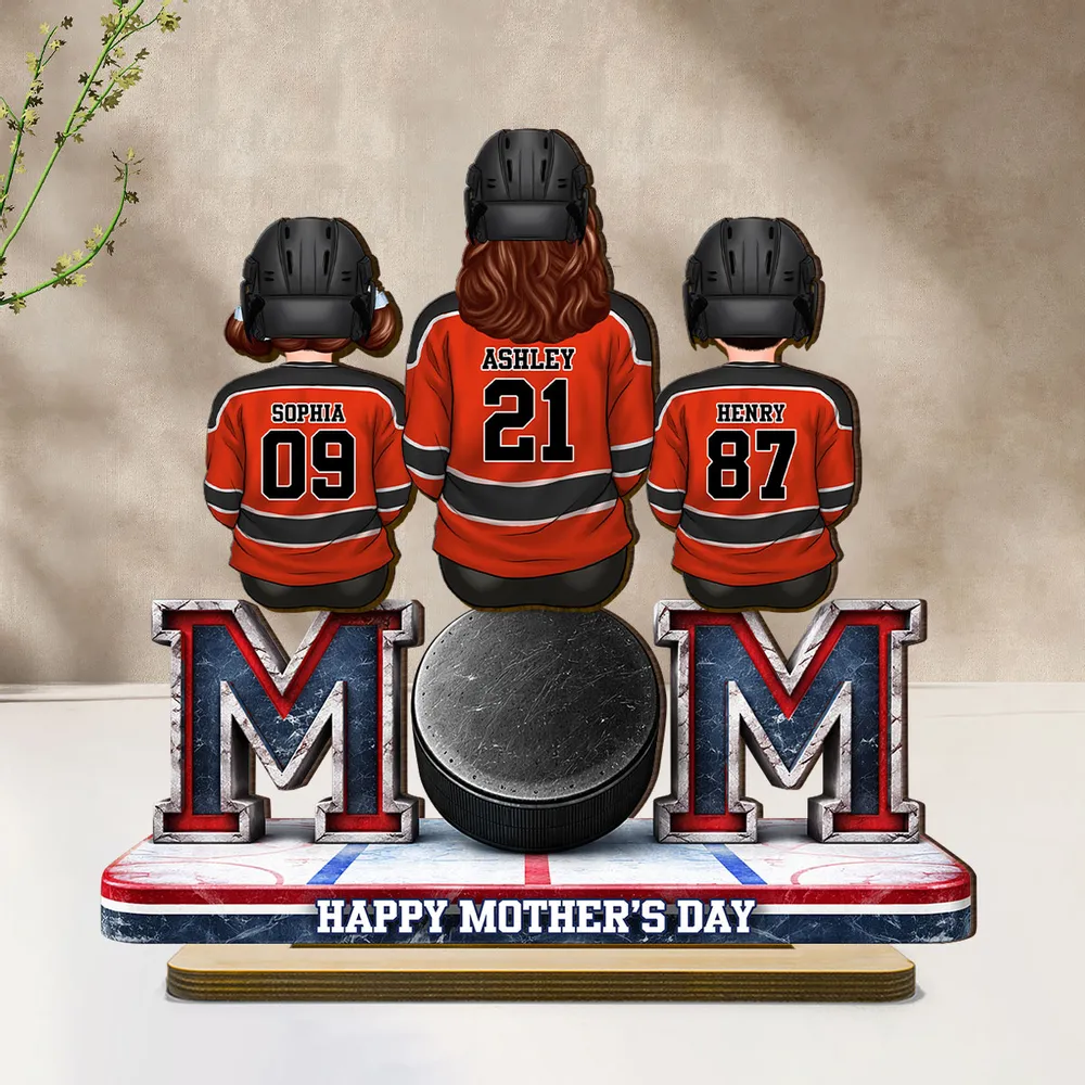 Hockey Mom And Kids Sitting Together - Personalized 2-Layered Wooden Plaque - Mother's Day Gift For Hockey Mom
