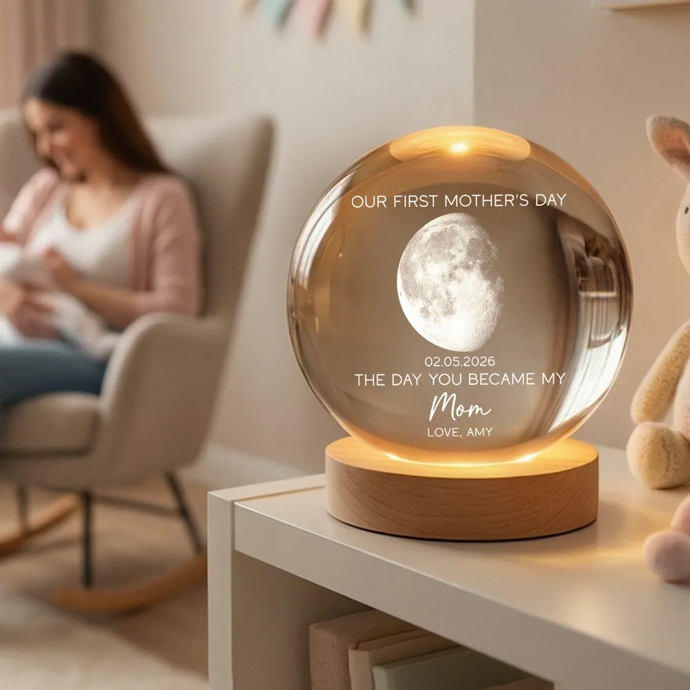 The Day You Became My Mom Custom Moon Phase First Mother's Day - Personalized Crystal Ball LED Night Light - First Mother's Day Gift For New Mom